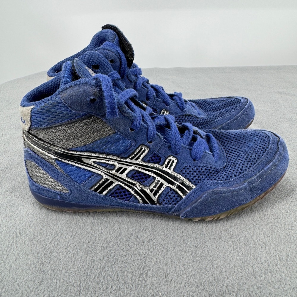 Asics Matflex 4 GS Youth Wrestling Shoes Size 2 Blue Silver C129N High Top